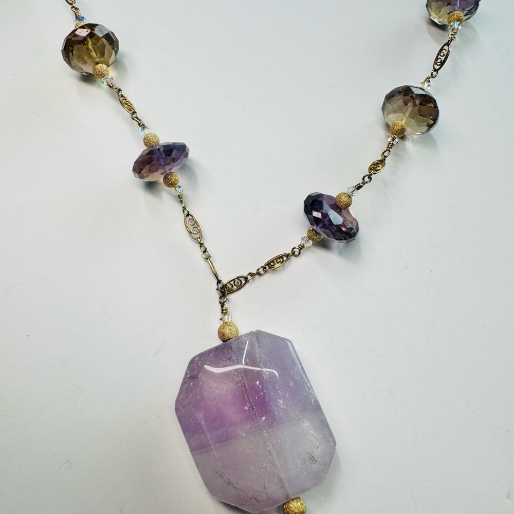 14KGF Amethyst + Smoky Quartz Necklace w/ Large Faceted Amethyst Pendant